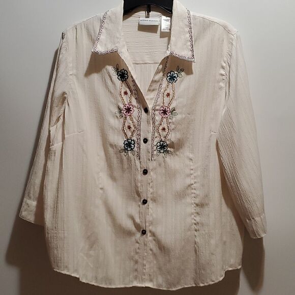 Alfred Dunner Embroidered Button Up Collared Long Sleeve Vintage Style Blouse 16 - Picture 14 of 16